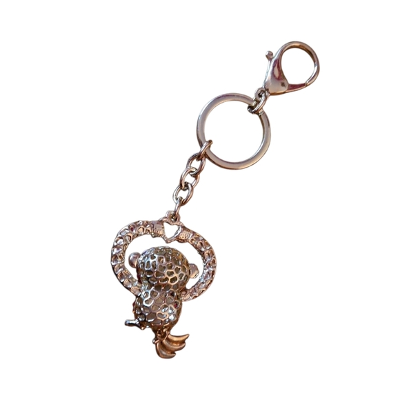 Red and White Rhinestone, Gold Tone Backing Monkey Keychain or Bag Charm - Picture 2 of 2